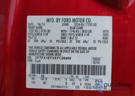 2014 Ford F-150 Xlt из США, поврежденный, VIN 1FTFX1EFXEFC28469